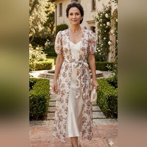 Alice + Olivia Jessamy Puff Sleeve Floral Eyelet Maxi Robe Duster Small Petite